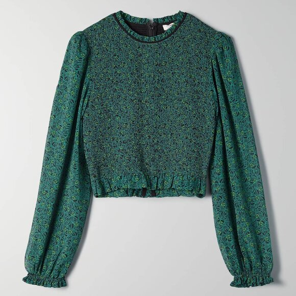 Aritzia Tops - ARITZIA WILFRED Lilith Tempest Floral Roses Green Smocked Sheer Blouse Size XS